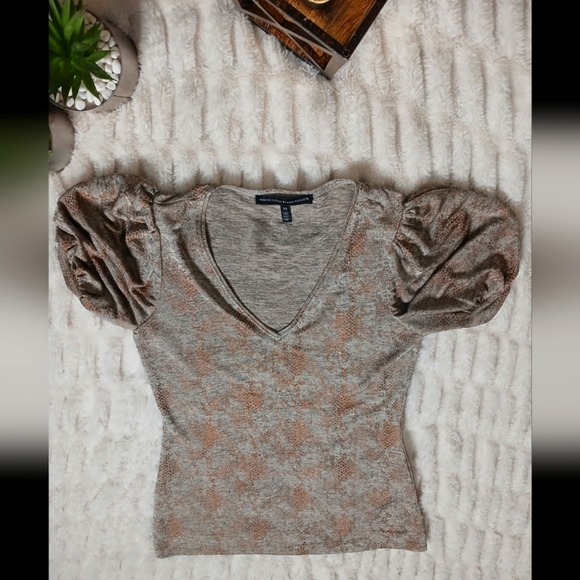White House Black Market Gray and Brown Puff Sleeve Top - Picture 4 of 7